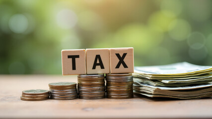 Tax Concept. Word Tax put on stacked coins and bills on the wooden table. Tax time
