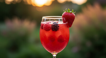 Red berry cocktail with rosé sparkling wine, garnished with a strawberry on the rim and a blurred garden background at dusk
