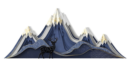 Paper cut mountain landscape with deer, vector illustration on white background