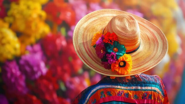 Woman in colorful clothing and hat with flowers Vibrant floral background