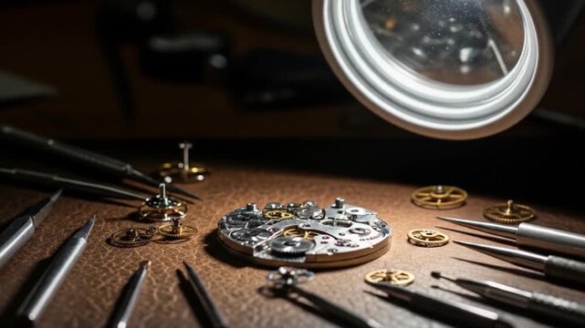 Watchmaker's Precision: Close-Up of Watch Mechanism Assembly with Tools and Magnifying Lamp