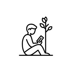 A person sitting reading next to a small tree with leaves in a minimalist outline style illustration