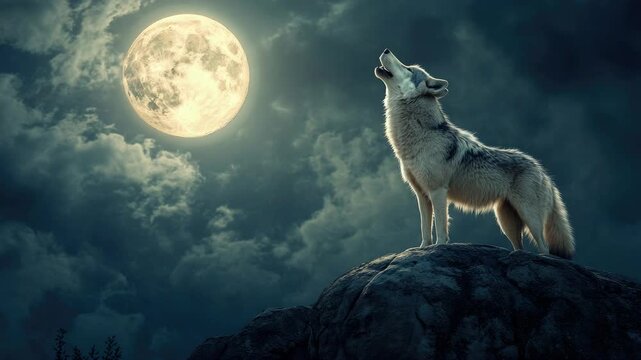 Lone wolf howling at full moon atop rocky hill