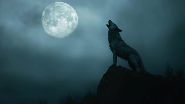 Wolf howling at full moon, night sky background