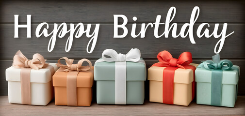 Pastel-colored gift boxes with bows lined up under a “Happy Birthday” message on wood background, perfect for greeting cards or banners.
