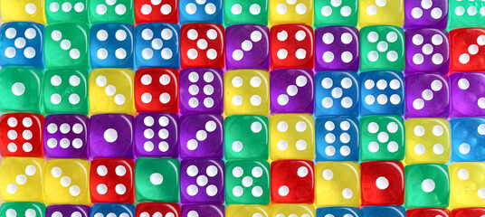 Many colorful dices as background