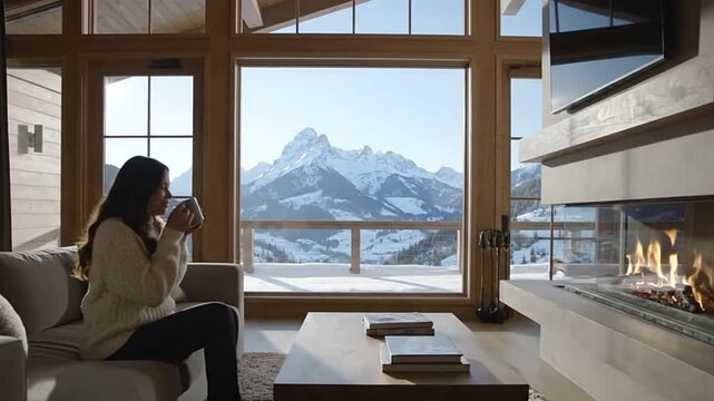 Woman sips from mug in sunlit chalet Mountain view seen through large windows modern fireplace nearby