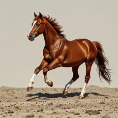 Obraz premium Majestic brown horse galloping gracefully across a sandy landscape in bright sunlight capturing raw energy and beauty