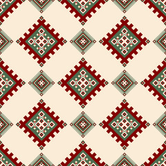 Seamless Tribal Geometric Pattern with Bold Red and Green Diamond Motifs. Featuring red, green, and beige tones, this pattern is perfect for textile design, packaging, digital backgrounds.