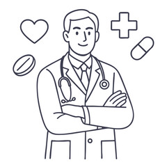 Confident doctor stands with arms crossed, surrounded by health symbols.line art illustration