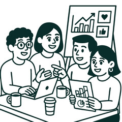 Collaborative team meeting discussing data analysis and strategiesline art illustration