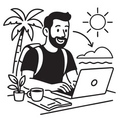 Digital nomad working on laptop at beach with palm treesline art illustration