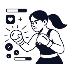 Boxer training with determination, showcasing strength and focus.line art illustration