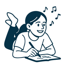 Happy girl writing in notebook while listening to musicline art illustration