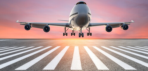 view airplane fly in sunset sky plane
on an airport road