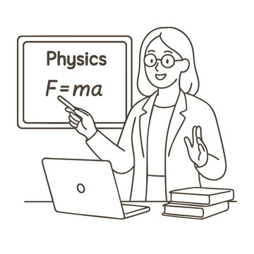 Teaching physics with enthusiasm, woman explains formula F=maline art illustration