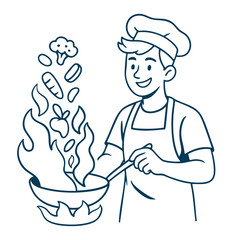 Cooking chef preparing food with flames and vegetablesline art illustration