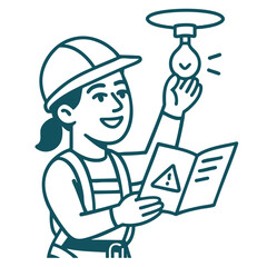 Construction worker reading manual, holding light bulb, smilingline art illustration
