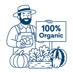 Farmer holding sign that says 100% Organic with fresh produceline art illustration