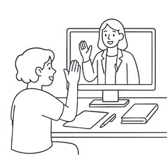 Online learning interaction, student waving, teacher screen, digitalline art illustration