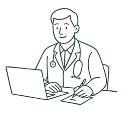 Doctor working laptop, taking notes with pen, conveying professionalismline art illustration