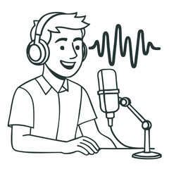 Illustration of person with headphones speaking into microphoneline art illustration
