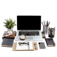 Fototapeta premium Laptop surrounded by office supplies on a desk