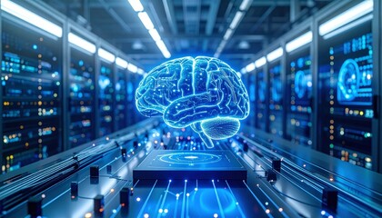 Glowing neural network brain inside server room