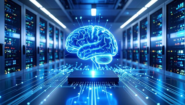 Brain illuminated atop microchip in server room