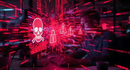 Cyberattack in modern office as red warning icons and glitch effects reveal data breach and digital threat on screen