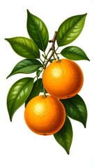 Two oranges on a branch with leaves