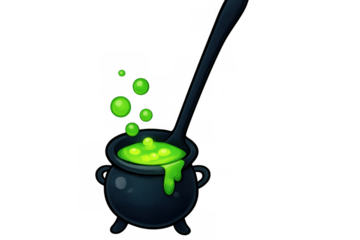 Cartoon witch's cauldron with bubbling green potion and ladle, isolated on a transparent background