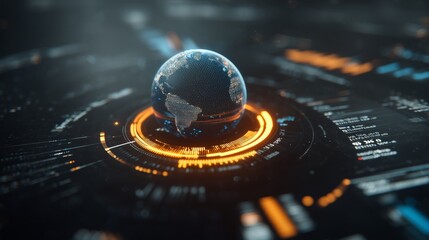 3D illustration of a digital globe surrounded by glowing data elements and futuristic technology