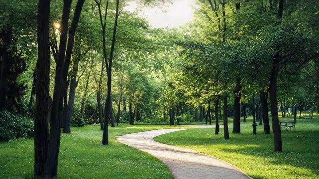 Curved path in lush green forest park with sunlight filtering through trees