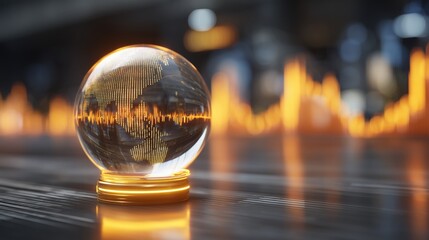 Crystal globe with world map reflecting sound waves and glowing orange background elements