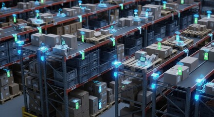 Overhead view of warehouse shelves equipped with smart sensors and tracking tags.
