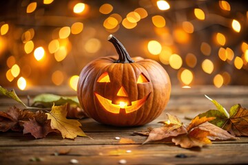 Fototapeta premium A single carved jackolantern glows warmly on a wooden table amidst fallen autumn leaves and soft bokeh lights