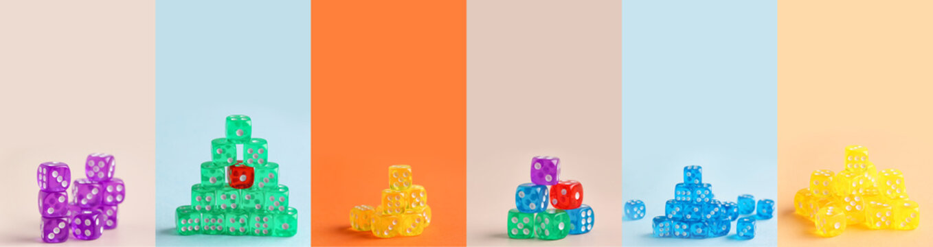 Collage of many dices on color background
