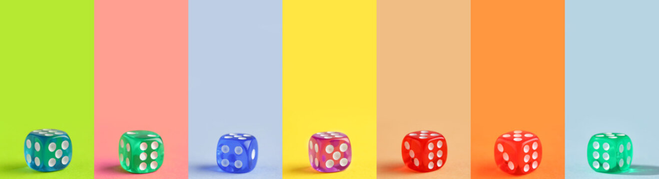 Collage of many dices on color background