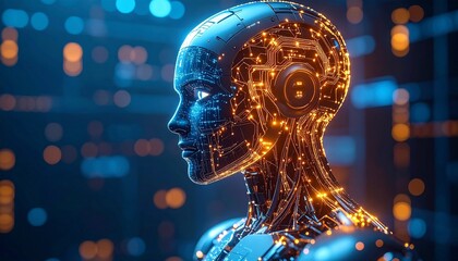 Cybernetic visage illuminates digital cityscape