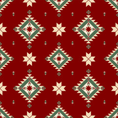 Seamless Tribal Geometric Pattern with Bold Red and Green Diamond Motifs. Featuring red, green, and beige tones, this pattern is perfect for textile design, packaging, digital backgrounds.