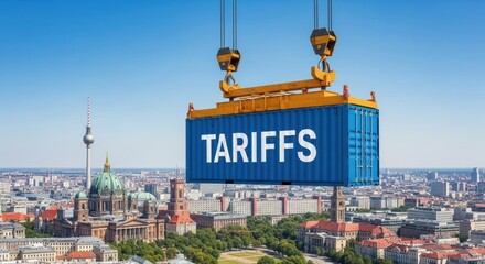 Industrial Container with "TARIFFS" Over Berlin Skyline: Symbolizing Global Trade Policies and Economic Impact
