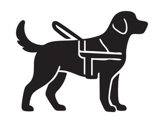 Black silhouette of guide dog with harness, isolated on white background, graphic illustration. concept of service animal, assistance dog, disability aid, canine helper, icon