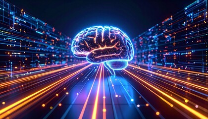 Neural network Glowing brain with data streams