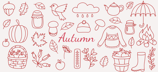 Autumn Line Art Seamless tileable Background Pattern with lots of cozy objects  Autumn Icons Set Sketch, Doodle Style.