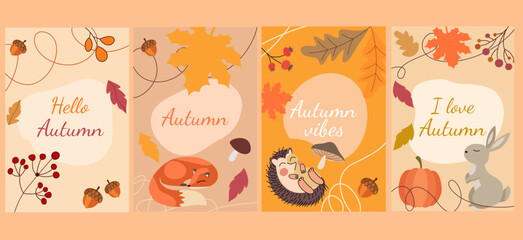 Autumn postcards with animals. Beautiful sets of autumn postcards. Vector illustration. Set of trendy autumn banners with Scandinavian-style painted elements. Background with falling leaves. Design fo