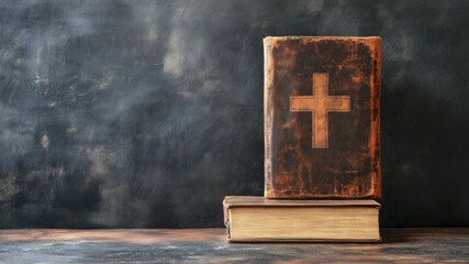 Two old religious books stacked on rustic surface with cross top one