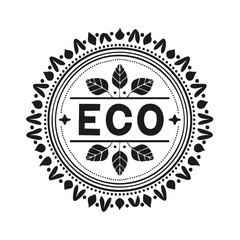 Fototapeta premium Eco Label Black And White Vector, Circular Ornament With Leaves
