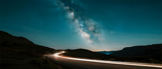 A winding road with light trails under the starry Milky Way galaxy at night
