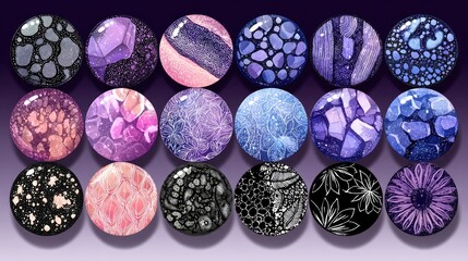 Collection of decorative round designs in various colors and patterns.